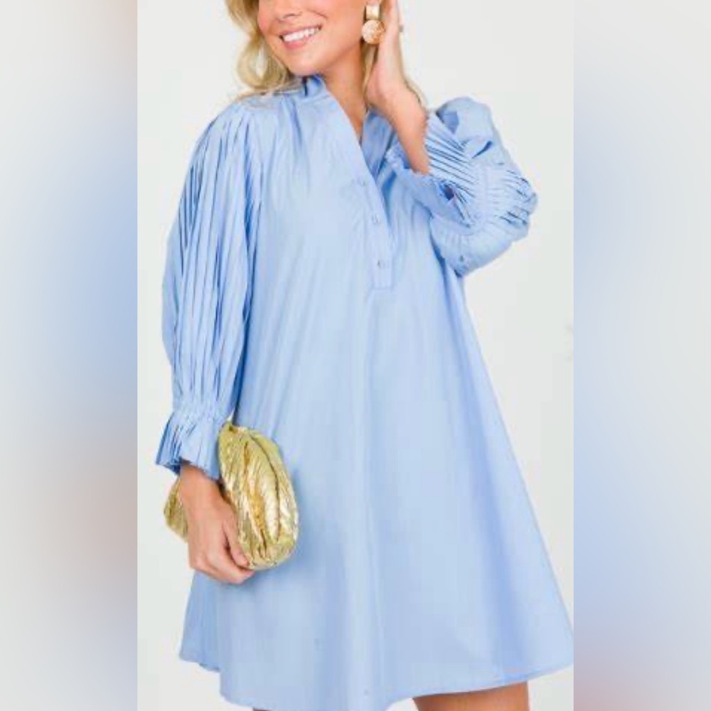 THML blue poplin pleated sleeve dress